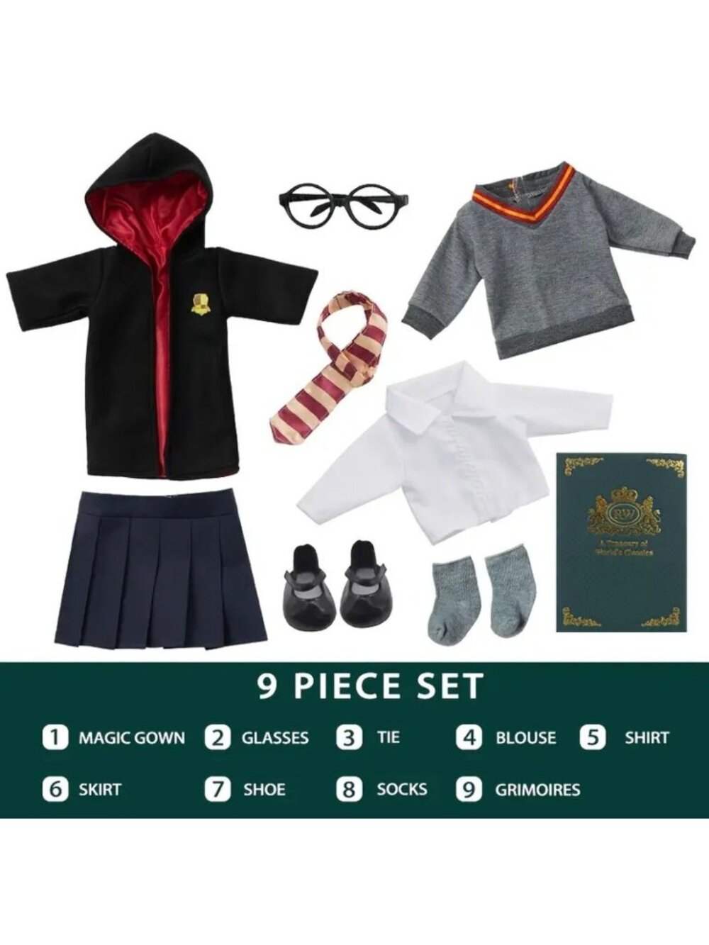 Magical School 18" Girl Doll Uniform Outfit 9pc Set Clothes Accessories RW Book